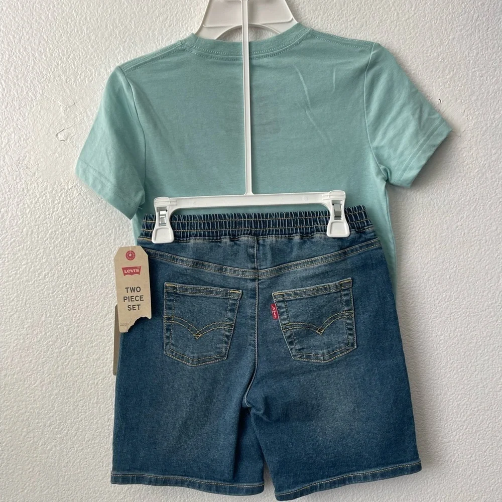 LEVI'S Boys Two Piece Set  T-Shirt Light Blue Denim Shorts Outfit Summer Sz 7
